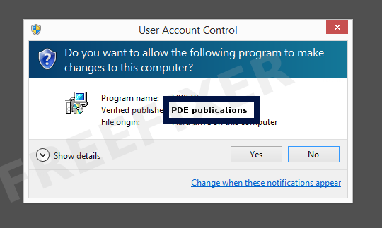 Screenshot where PDE publications appears as the verified publisher in the UAC dialog